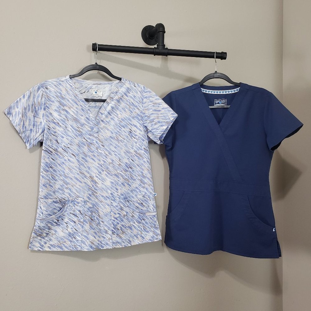 Nurse Mates Ceil Blue Watercolor Print Navy Blue Scrub Tops (2) Small